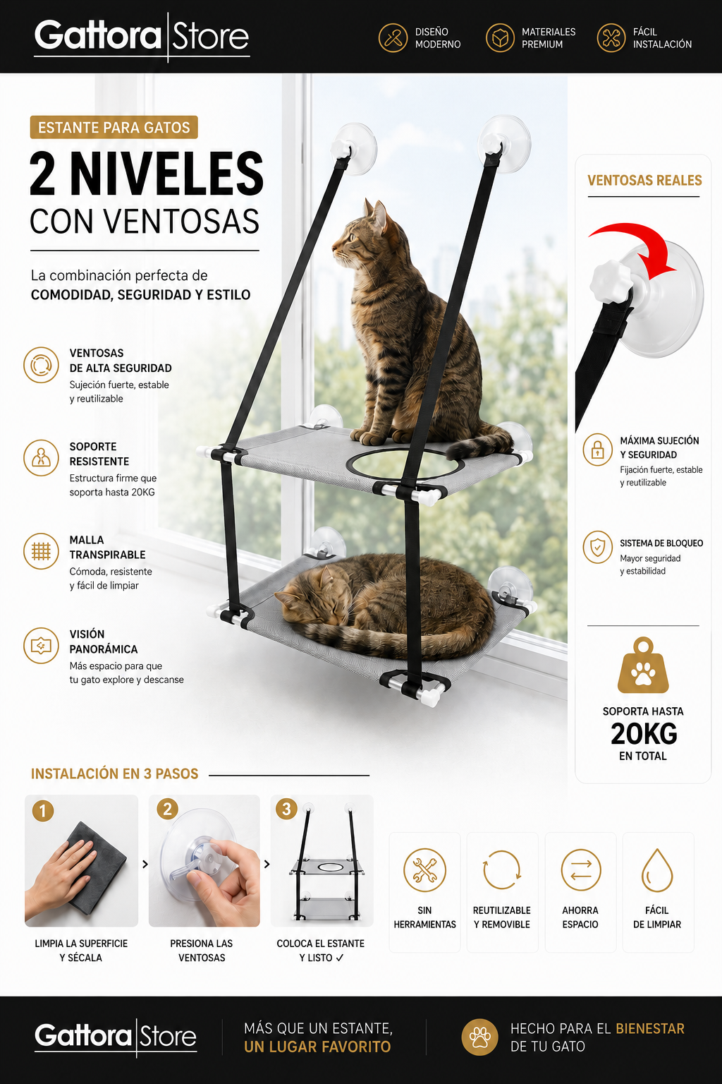 Mirador para Gatos de Doble Nivel — Hamaca de Ventana con Ventosas, Soporta hasta 20 kg