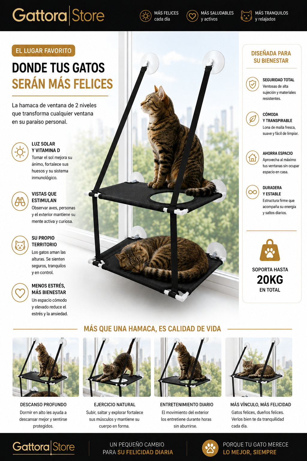 Mirador para Gatos de Doble Nivel — Hamaca de Ventana con Ventosas, Soporta hasta 20 kg